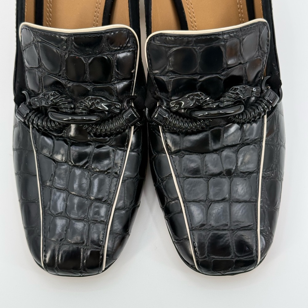 Tory Burch Jessa Black Croc Texture Square Toe Loafers Gold Architectural Heel - Picture 8 of 17
